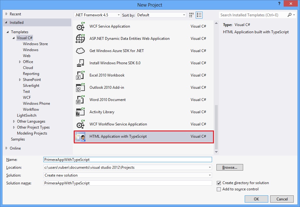 Al instalar TypeScript para Visual Studio 2012, se agrega una nueva plantilla para crear un nuevo tipo de proyectos